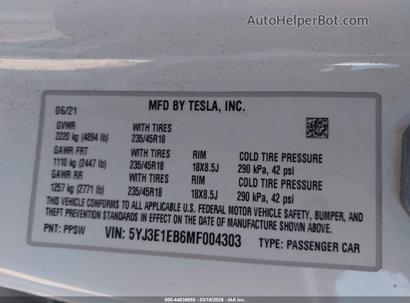 5YJ3E1EB6MF004303 2021 TESLA MODEL 3 White Вид підкапотного простору