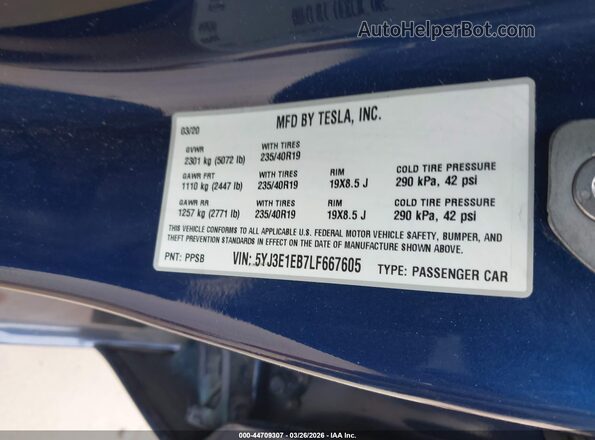 5YJ3E1EB7LF667605 2020 TESLA MODEL 3 Blue Շարժիչի բաժամունքի տեսք