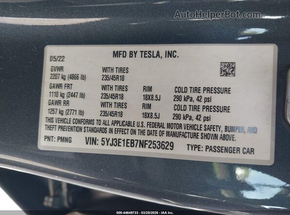 5YJ3E1EB7NF253629 2022 TESLA MODEL 3 Gray Engine compartment view