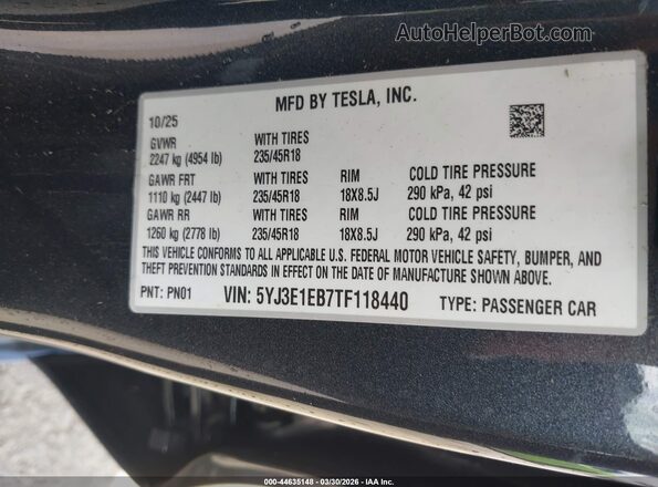 5YJ3E1EB7TF118440 2026 TESLA MODEL 3 Gray Engine compartment view