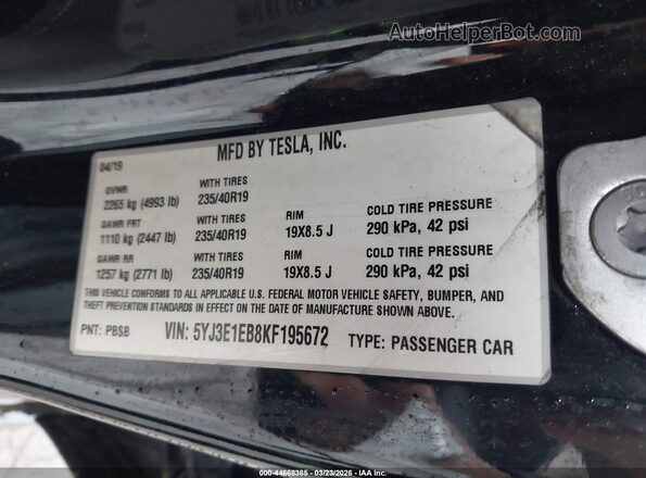 5YJ3E1EB8KF195672 2019 TESLA MODEL 3 Черный Вид подкапотного пространства