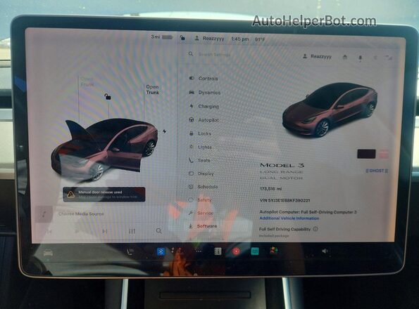 5YJ3E1EB8KF390221 2019 TESLA MODEL Blue 