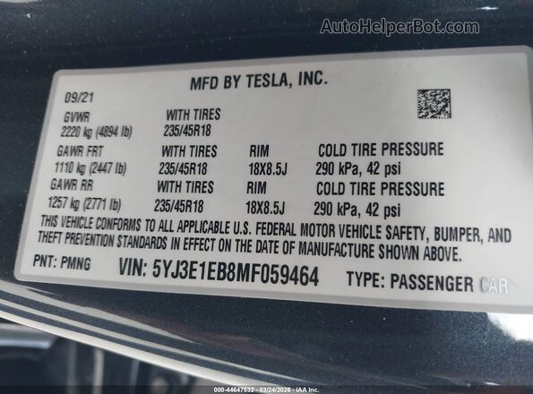 5YJ3E1EB8MF059464 2021 TESLA MODEL 3 Gray Widok komory silnika