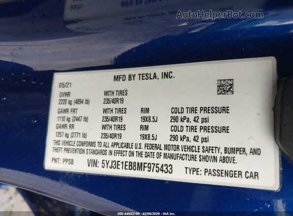 5YJ3E1EB8MF975433 2021 TESLA MODEL 3 Blue Widok komory silnika