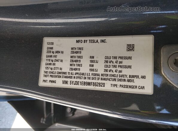 5YJ3E1EB9MF862820 2021 TESLA MODEL 3 Blue Engine compartment view