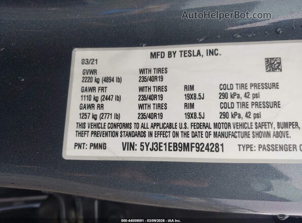 5YJ3E1EB9MF924281 2021 TESLA MODEL 3 Gray ძრავის განყოფილების ხედი