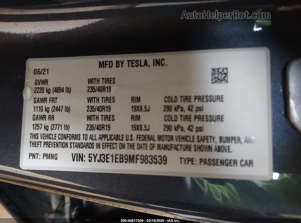 5YJ3E1EB9MF983539 2021 TESLA MODEL 3 Gray Widok komory silnika