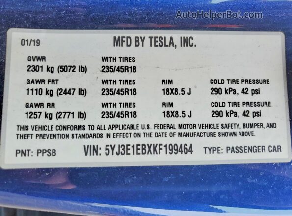 5YJ3E1EBXKF199464 2019 TESLA MODEL Blue 