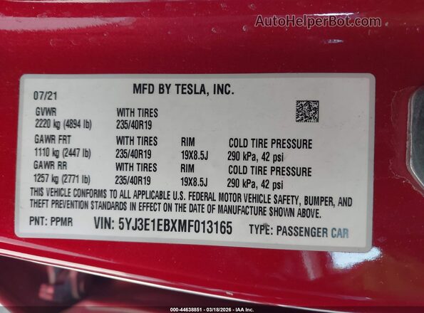 5YJ3E1EBXMF013165 2021 TESLA MODEL 3 Red Շարժիչի բաժամունքի տեսք