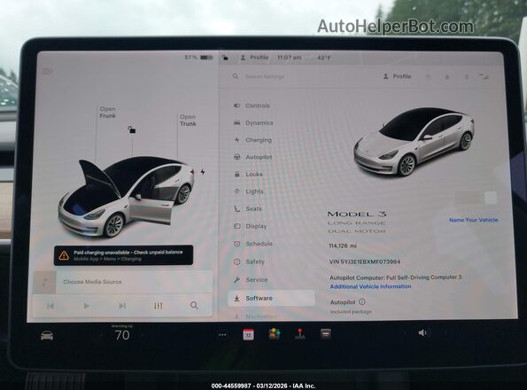 5YJ3E1EBXMF073964 2021 TESLA MODEL 3 White Widok tylnych siedzeń