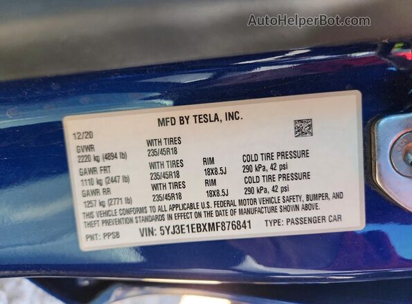 5YJ3E1EBXMF876841 2021 TESLA MODEL Синий Вид подкапотного пространства