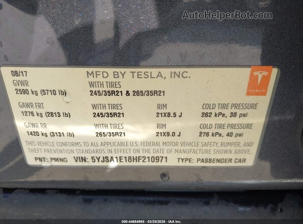 5YJSA1E18HF210971 2017 TESLA MODEL S Серый Вид подкапотного пространства