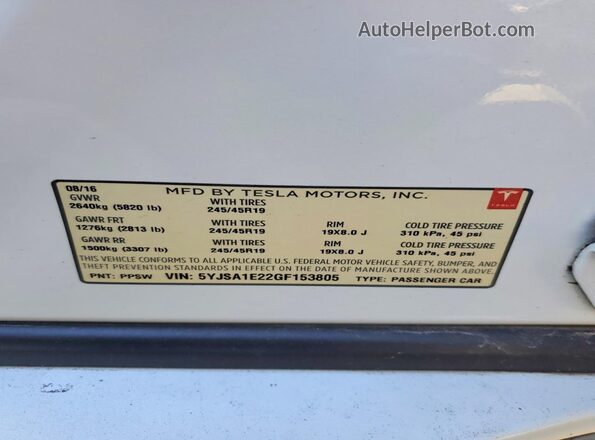5YJSA1E22GF153805 2016 TESLA MODEL White Вид підкапотного простору