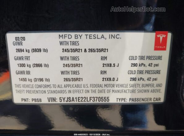 5YJSA1E22LF370555 2020 TESLA MODEL S Black Vista del compartimento del motor