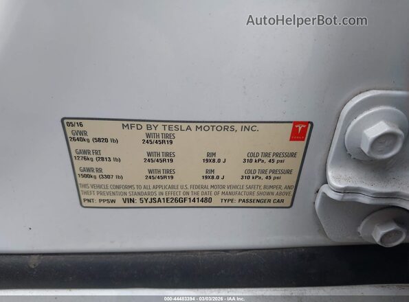 5YJSA1E26GF141480 2016 TESLA MODEL S White Vista del compartimento del motor