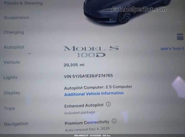 5YJSA1E28JF274765 2018 TESLA MODEL S Black 
