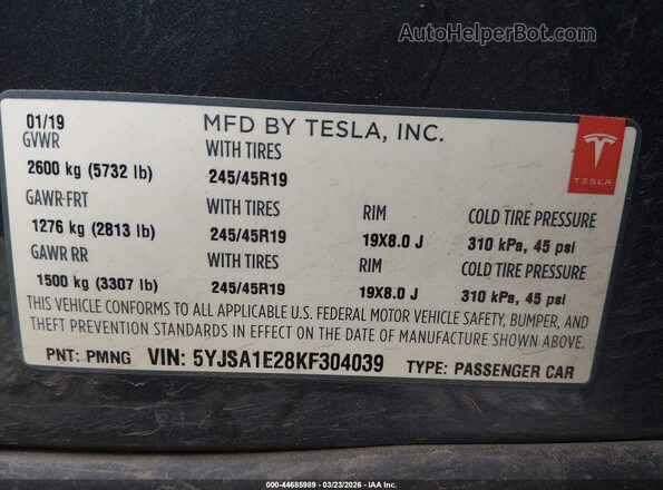 5YJSA1E28KF304039 2019 TESLA MODEL S Light Blue ძრავის განყოფილების ხედი