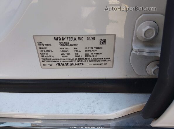5YJSA1E28LF413246 2020 TESLA MODEL S White Vista del compartimento del motor
