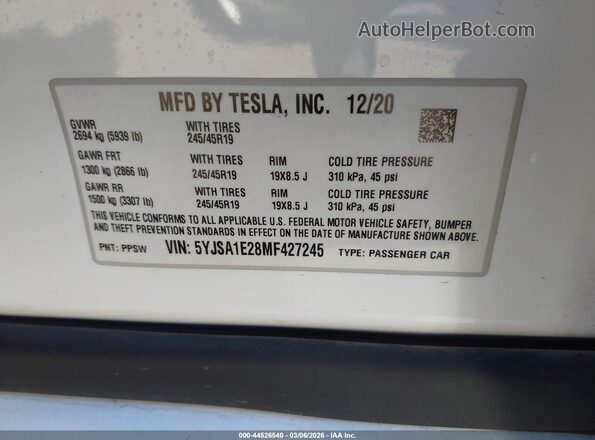 5YJSA1E28MF427245 2021 TESLA MODEL S White ძრავის განყოფილების ხედი