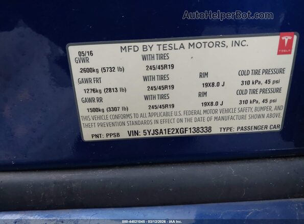 5YJSA1E2XGF138338 2016 TESLA MODEL S Blue ძრავის განყოფილების ხედი