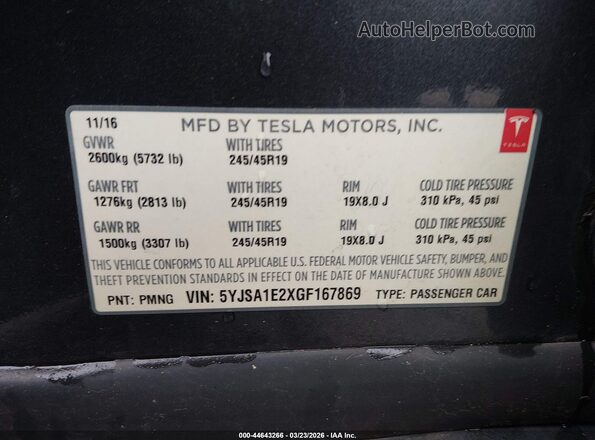 5YJSA1E2XGF167869 2016 TESLA MODEL S Gray Widok komory silnika