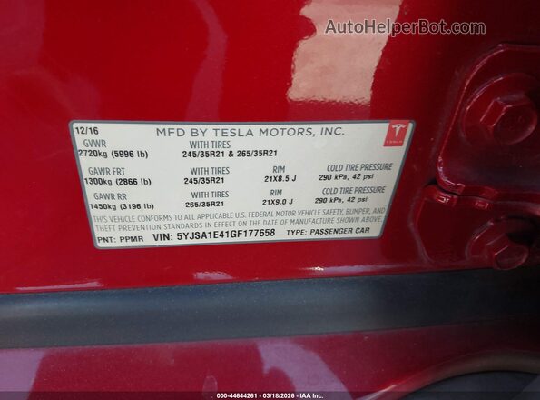 5YJSA1E41GF177658 2016 TESLA MODEL S Красный Вид подкапотного пространства