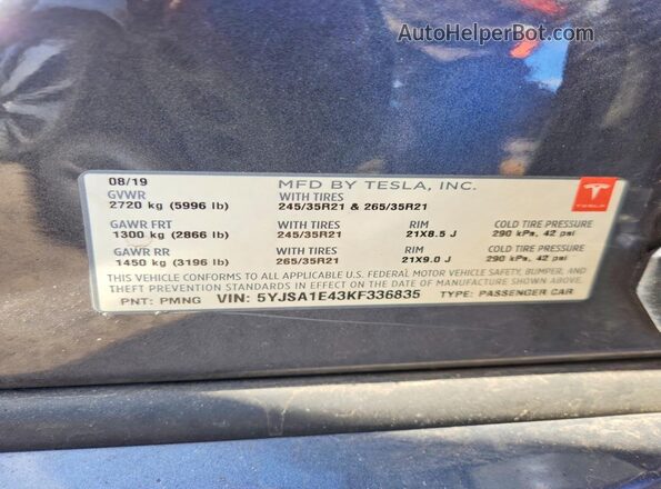 5YJSA1E43KF336835 2019 TESLA MODEL Gray 