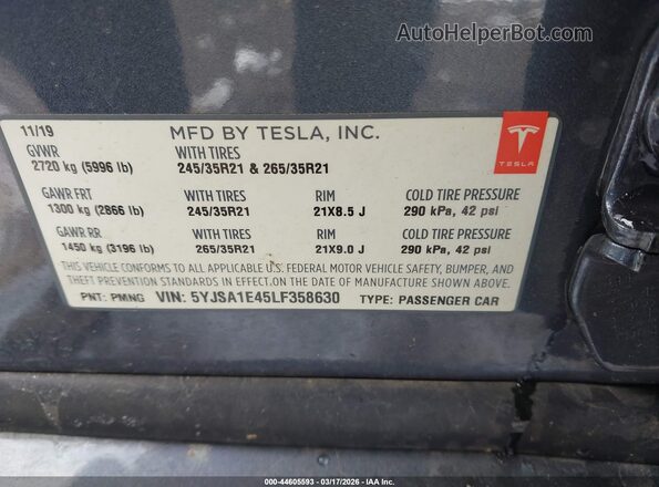 5YJSA1E45LF358630 2020 TESLA MODEL S Gray Vista del compartimento del motor