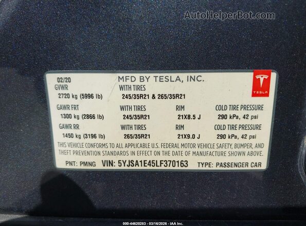 5YJSA1E45LF370163 2020 TESLA MODEL S Gray Vista del compartimento del motor
