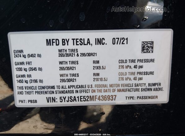 5YJSA1E52MF436937 2021 TESLA MODEL S Black Engine compartment view