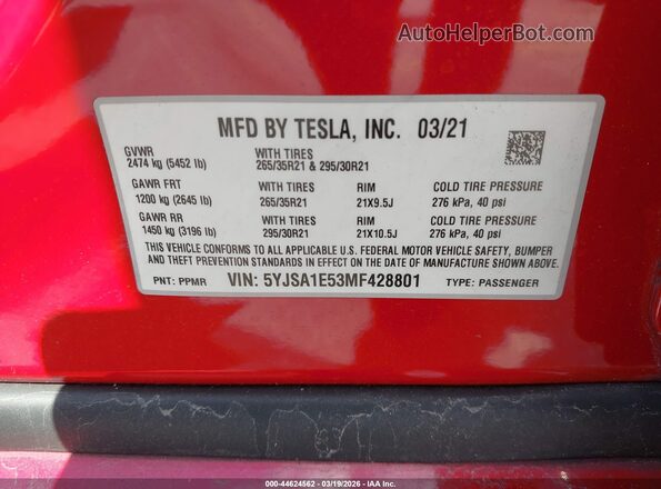 5YJSA1E53MF428801 2021 TESLA MODEL S Red Вид підкапотного простору