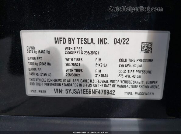 5YJSA1E56NF476942 2022 TESLA MODEL S Черный Вид подкапотного пространства