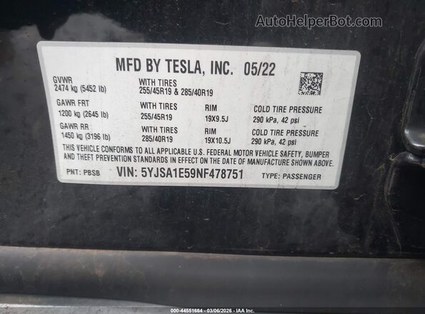 5YJSA1E59NF478751 2022 TESLA MODEL S Черный Вид подкапотного пространства