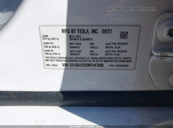 5YJSA1E5XMF447006 2021 TESLA MODEL S White Vista del compartimento del motor