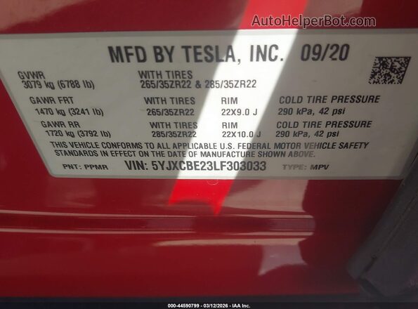 5YJXCBE23LF303033 2020 TESLA MODEL X Maroon Widok komory silnika