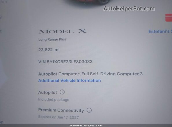 5YJXCBE23LF303033 2020 TESLA MODEL X Maroon Widok wnętrza 360 stopni