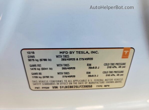 5YJXCBE25LF239058 2020 TESLA MODEL White Widok naklejki z numerem VIN