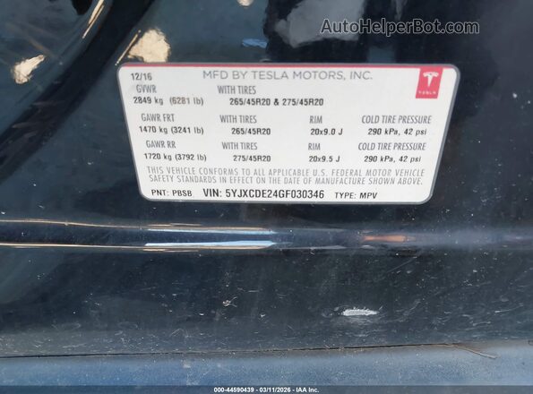 5YJXCDE24GF030346 2016 TESLA MODEL X Черный Вид подкапотного пространства
