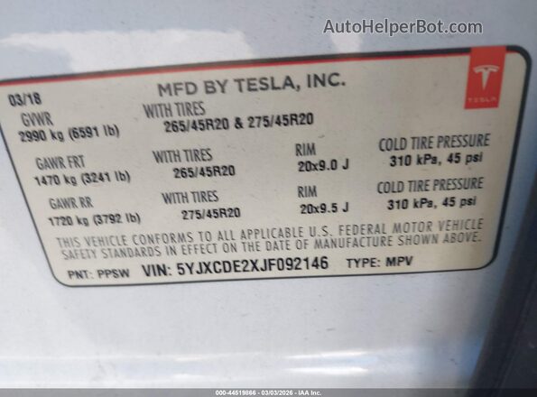5YJXCDE2XJF092146 2018 TESLA MODEL X White Vista del compartimento del motor