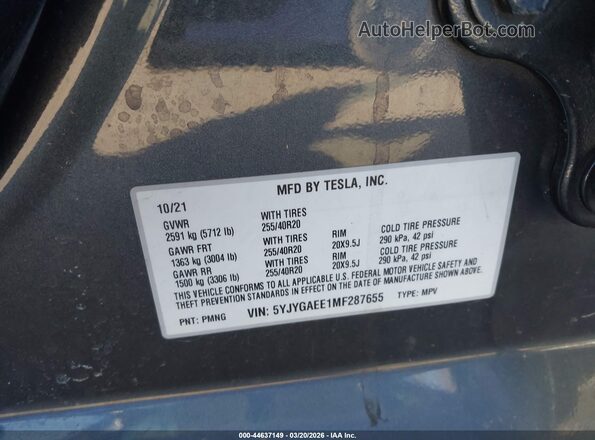 5YJYGAEE1MF287655 2021 TESLA MODEL Y Gray ძრავის განყოფილების ხედი