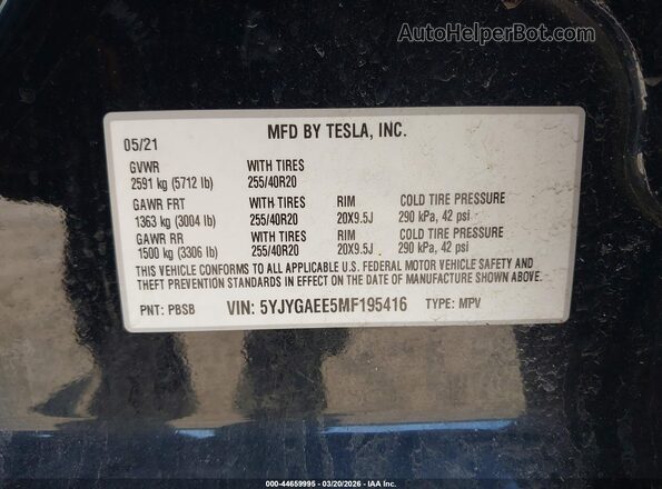 5YJYGAEE5MF195416 2021 TESLA MODEL Y Black 
