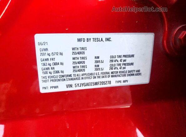 5YJYGAEE5MF205278 2021 TESLA MODEL Красный Вид подкапотного пространства