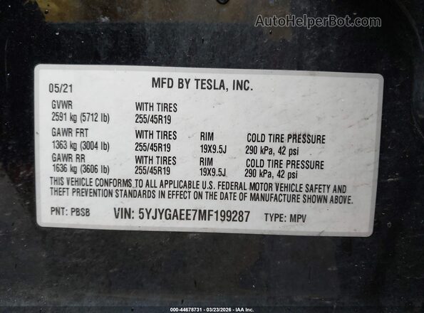 5YJYGAEE7MF199287 2021 TESLA MODEL Y Black Widok komory silnika