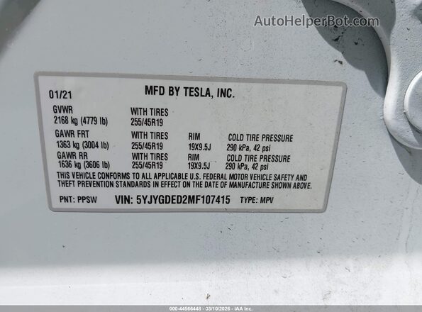 5YJYGDED2MF107415 2021 TESLA MODEL Y White ძრავის განყოფილების ხედი