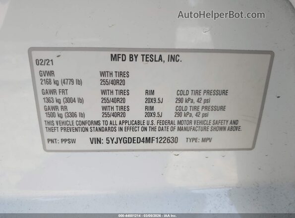 5YJYGDED4MF122630 2021 TESLA MODEL Y White Widok komory silnika