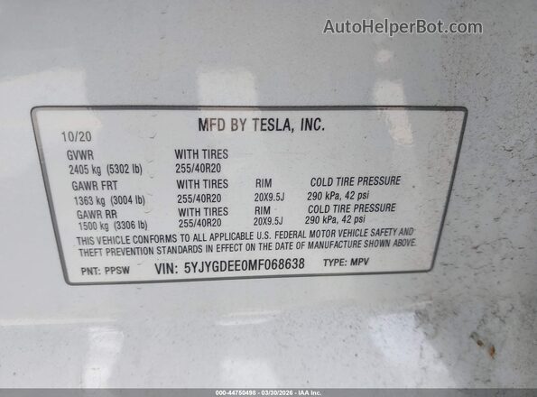 5YJYGDEE0MF068638 2021 TESLA MODEL Y Белый Вид подкапотного пространства