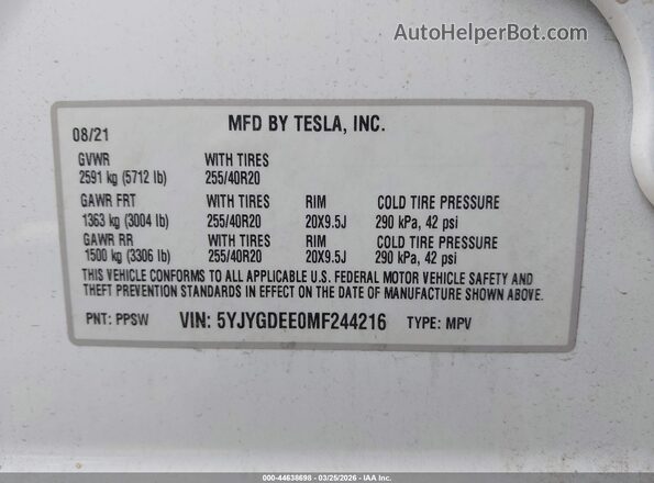 5YJYGDEE0MF244216 2021 TESLA MODEL Y White Vista del compartimento del motor
