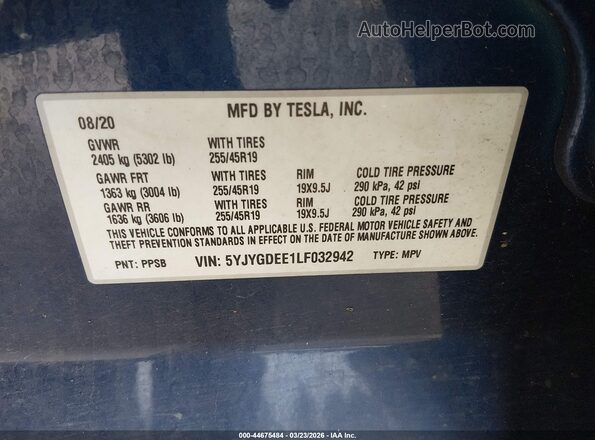 5YJYGDEE1LF032942 2020 TESLA MODEL Y Blue Vista del compartimento del motor