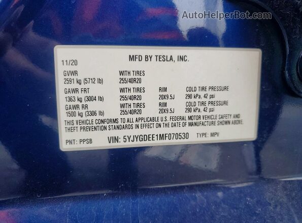 5YJYGDEE1MF070530 2021 TESLA MODEL Blue VIN sticker view
