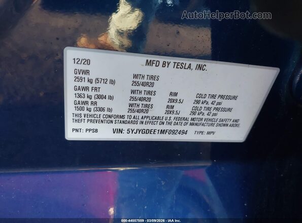5YJYGDEE1MF092494 2021 TESLA MODEL Y Blue Vista del compartimento del motor
